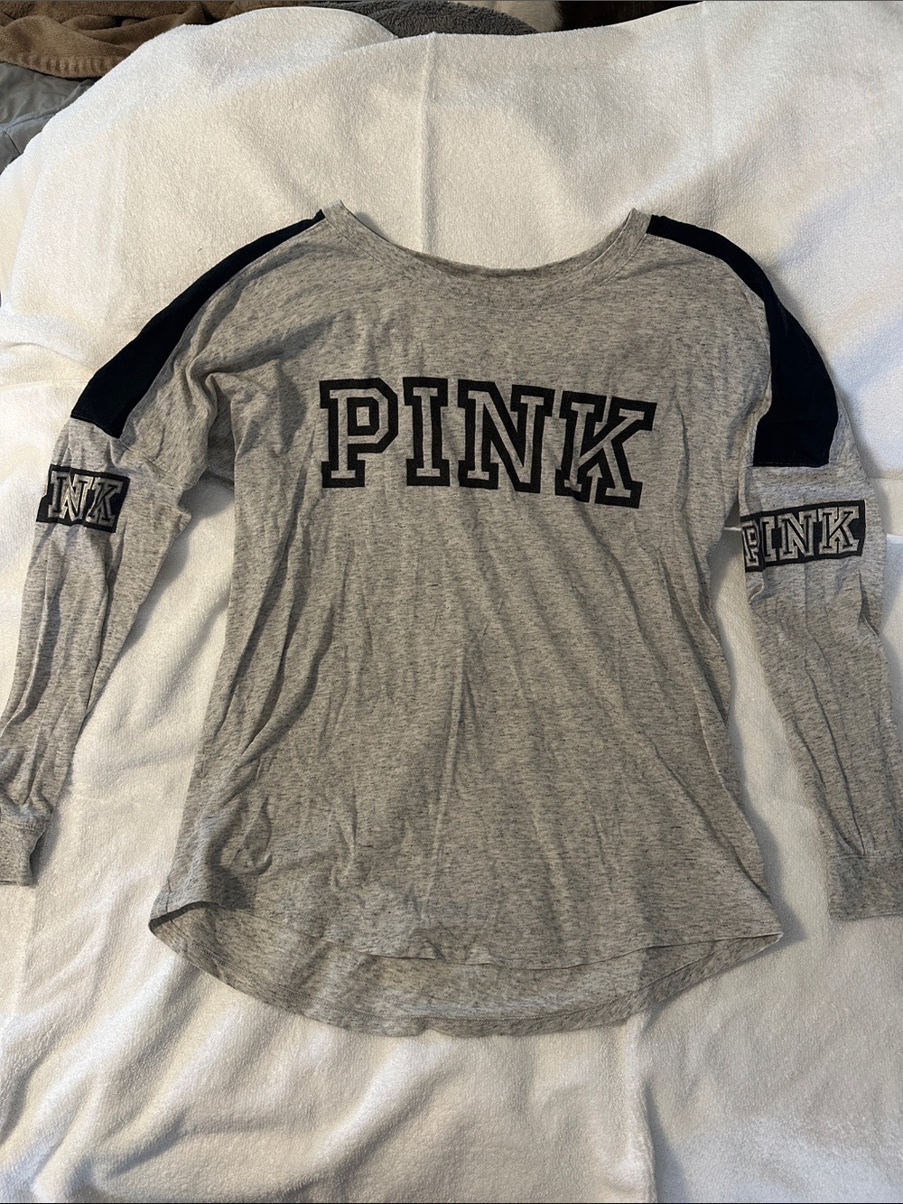PINK Victoria's Secret Gray Long Sleeve Tee with Black Accents